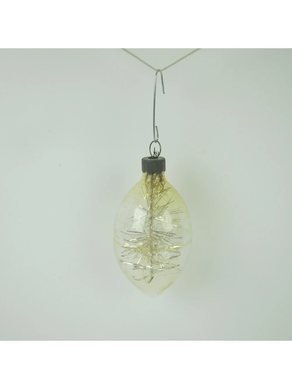 Vintage Unsilvered Glass DROP Christmas Ornament Gold Tinsel Stick 2.5